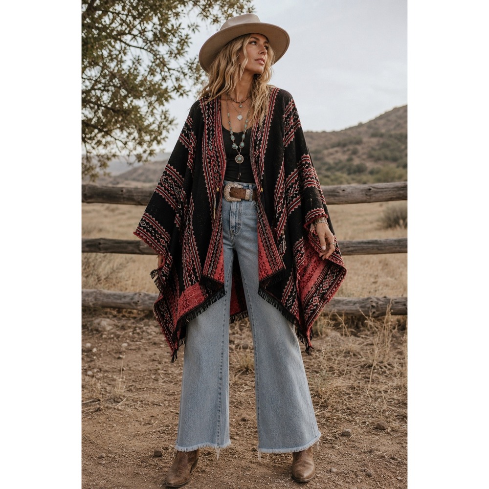 Marc New York Andrew Marc Black Red Geometric Southwestern Fringe Poncho Wrap OS - Picture 1 of 7